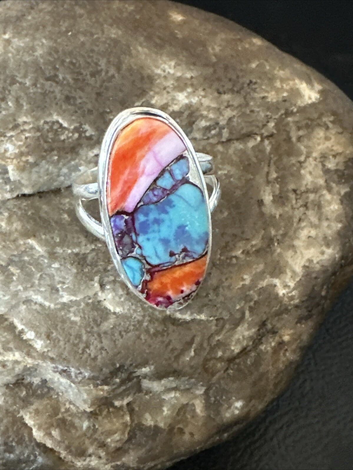Blue Turquoise Spiny Oyster Southwestern Sterling Silver Ring Size 8 18437