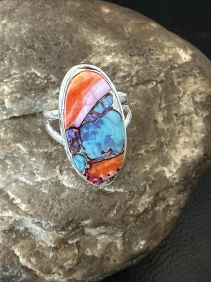 Blue Turquoise Spiny Oyster Southwestern Sterling Silver Ring Size 8 18437
