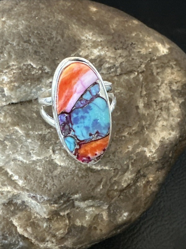 Blue Turquoise Spiny Oyster Southwestern Ring Size 8 | Sterling Silver | Authentic Native American Handmade | 18437