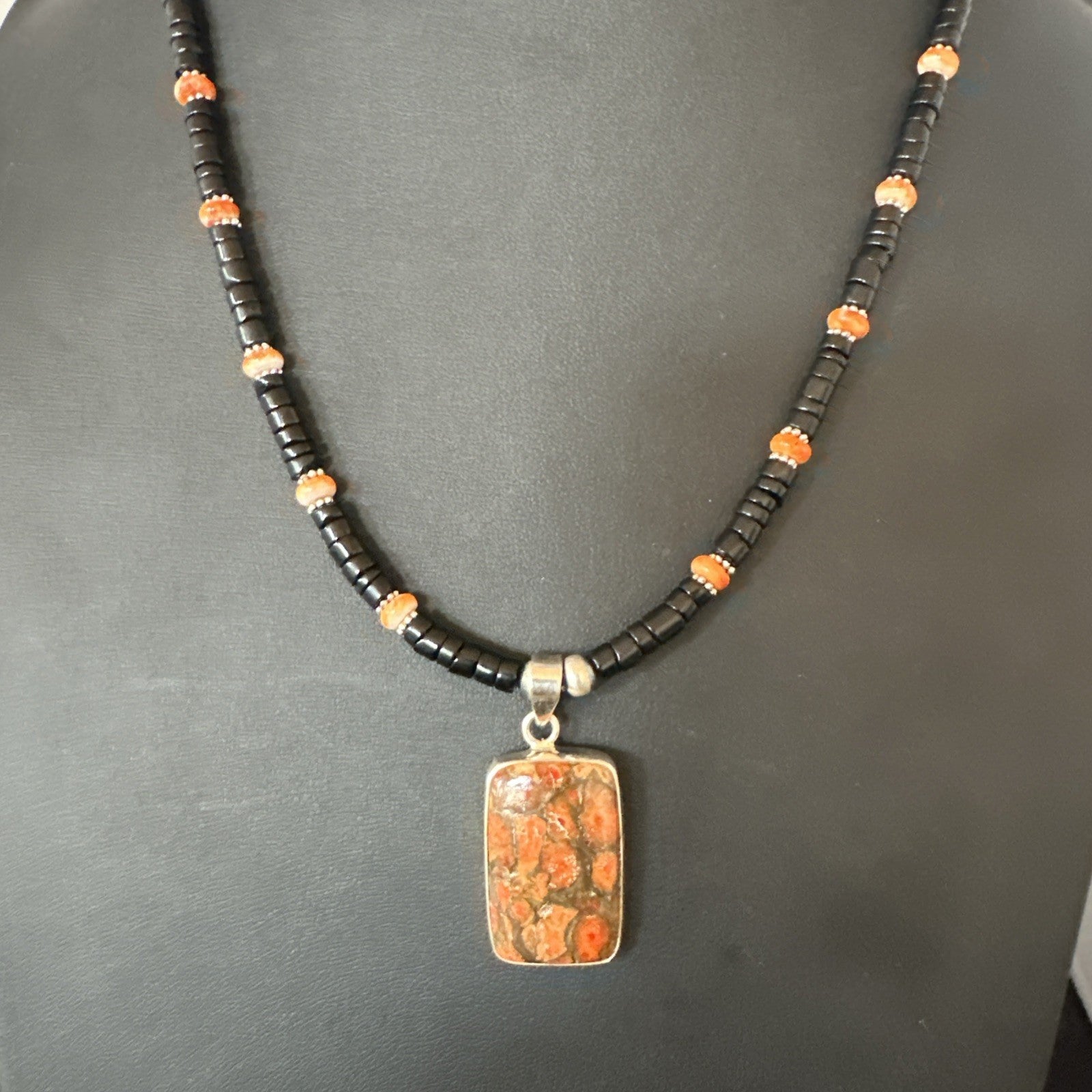 Orange Spiny Black Onyx Navajo Sterling Silver Pendant Necklace 20” 19637
