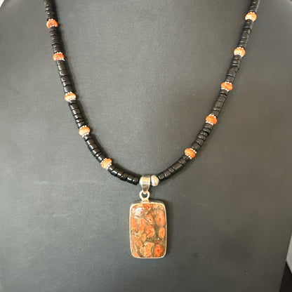 Orange Spiny Black Onyx Navajo Sterling Silver Pendant Necklace 20” 19637