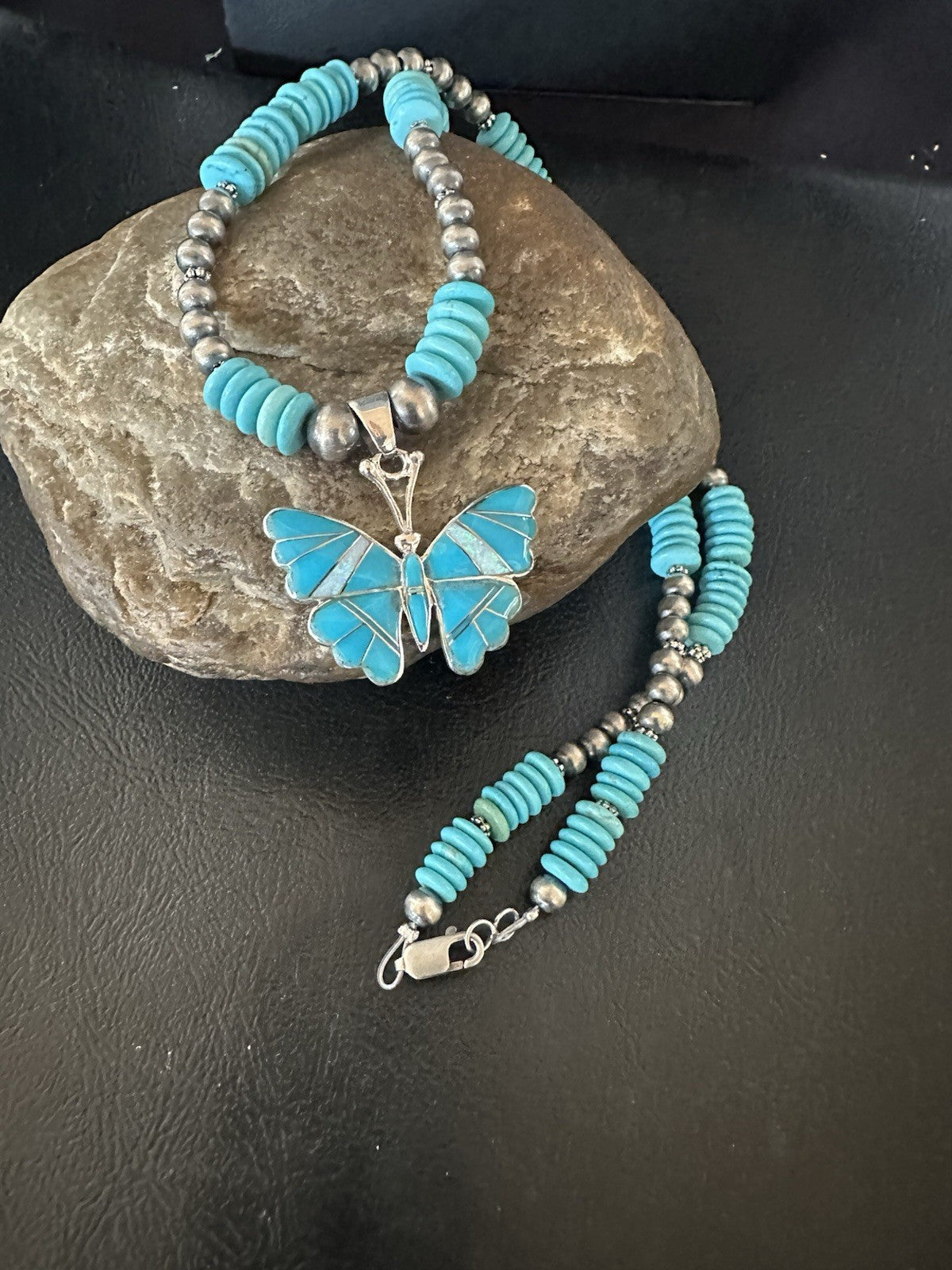 Butterfly Blue Turquoise Opal Pendant Navajo Sterling Silver Necklace 19511