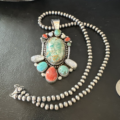 XL Royston Turquoise Spiny Cluster Pendant Navajo Sterling Silver Necklace 18750