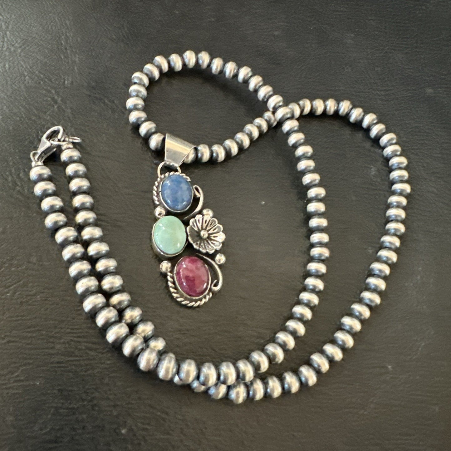 Multicolor Turquoise Spiny Navajo Sterling Silver Cluster Pendant Necklace 19313