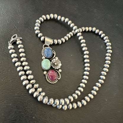 Multicolor Turquoise Spiny Navajo Sterling Silver Cluster Pendant Necklace 19313