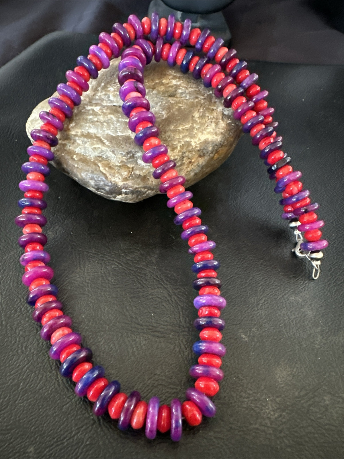 10mm  Purple Stone Red Coral Bead Navajo Sterling Silver Necklace 23” 17832
