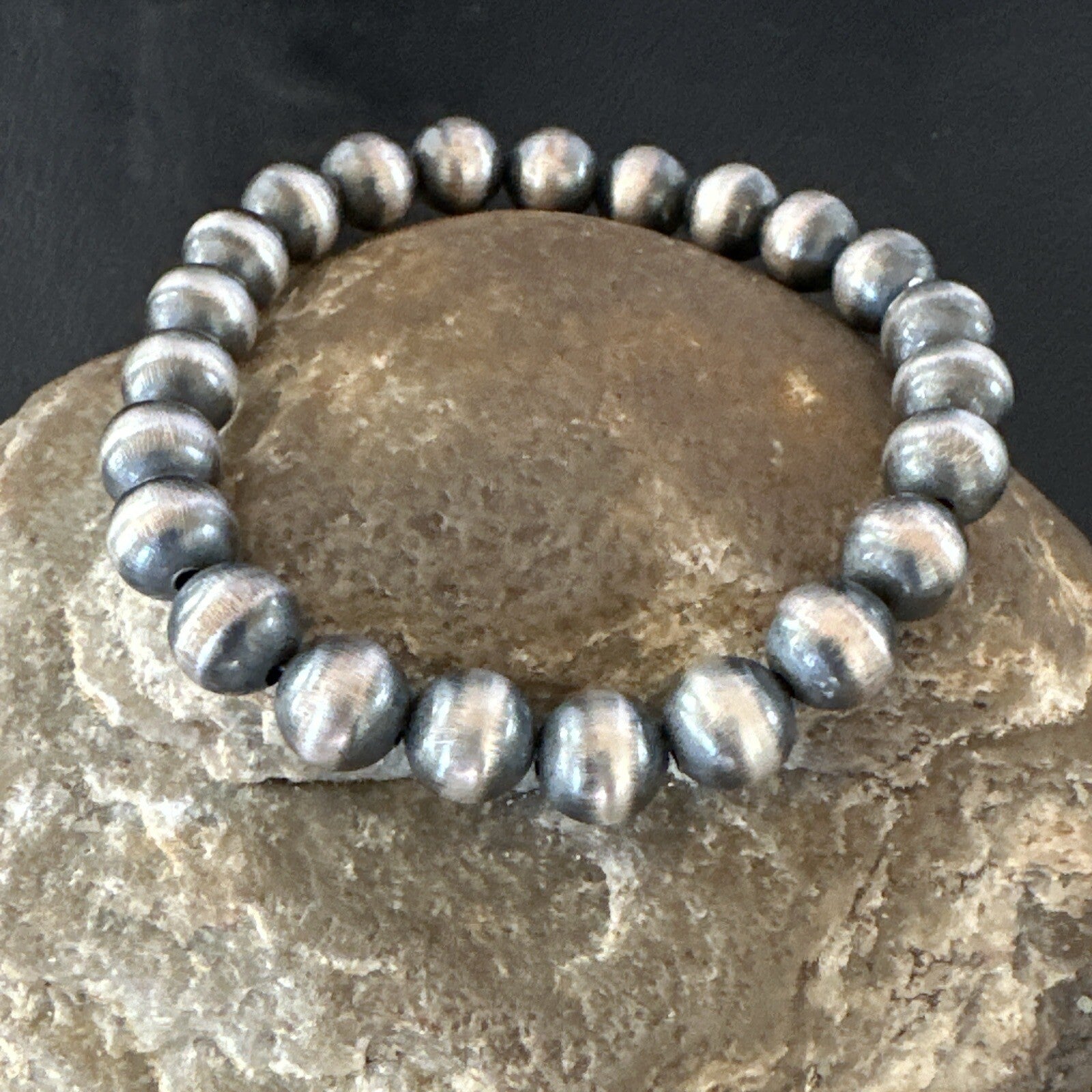 Native American Navajo 8mm Beads 7”Sterling Silver Stretch Bracelet 99087