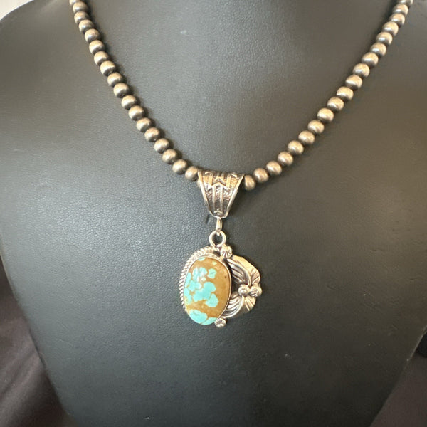 Men's Blue Turquoise#8 Pendant Navajo Necklace | Sterling Silver | Authentic Native American Handmade | 18086