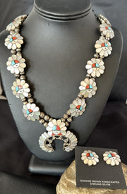 Old Pawn Sunface Turquoise Zuni Squash Necklace Earrings | Sterling Silver | Authentic Native American Handmade | 19085