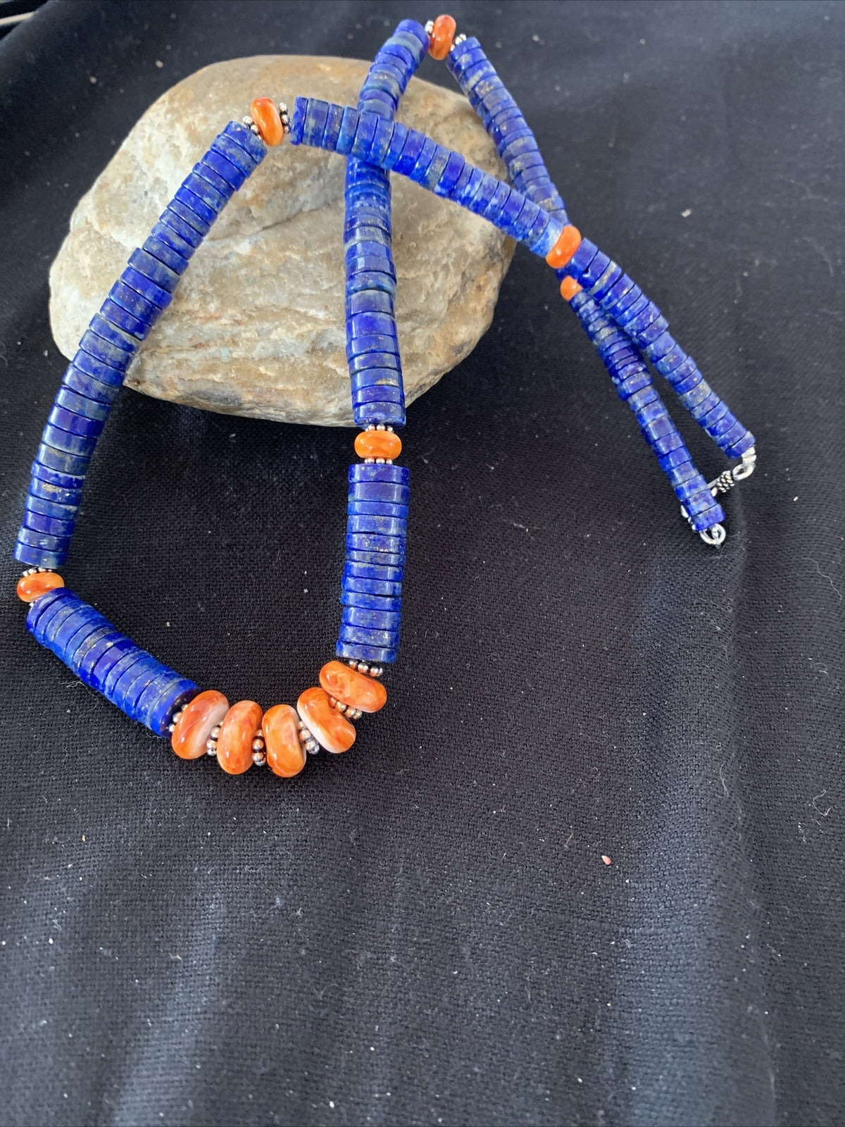 Mens Navajo Sterling Silver Navy Blue Lapis Orange Spiny Oyster Necklace 00929