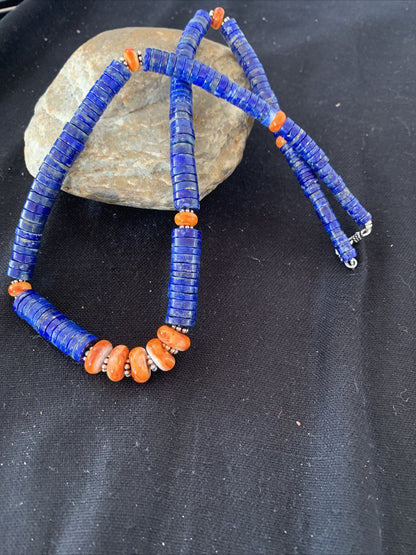 Mens Navajo Sterling Silver Navy Blue Lapis Orange Spiny Oyster Necklace 00929