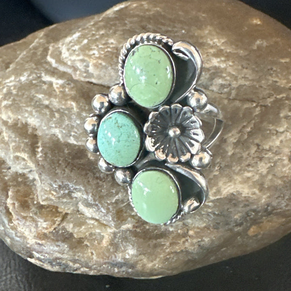 Yazzie Ring Green Turquoise Navajo Cluster Size 9 | Sterling Silver | Authentic Native American Handmade | 19210
