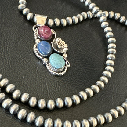 Multicolor Turquoise Spiny Navajo Sterling Silver Cluster Pendant Necklace 19312