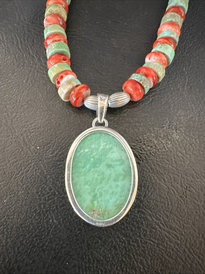 Green Turquoise Pendant Spiny Navajo Sterling Silver Heishi Necklace 21" 19204