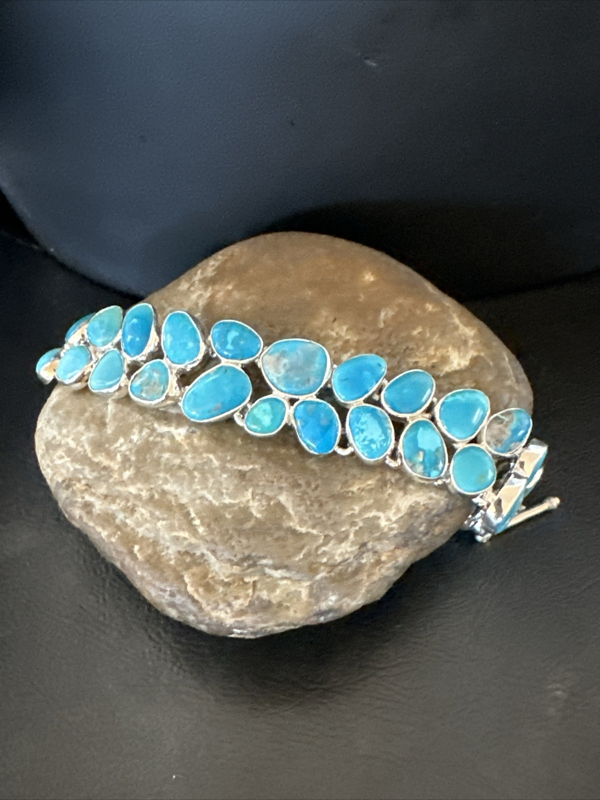WoMen Blue Kingman Turquoise Sterling Silver Southwestern Link Bracelet 17974