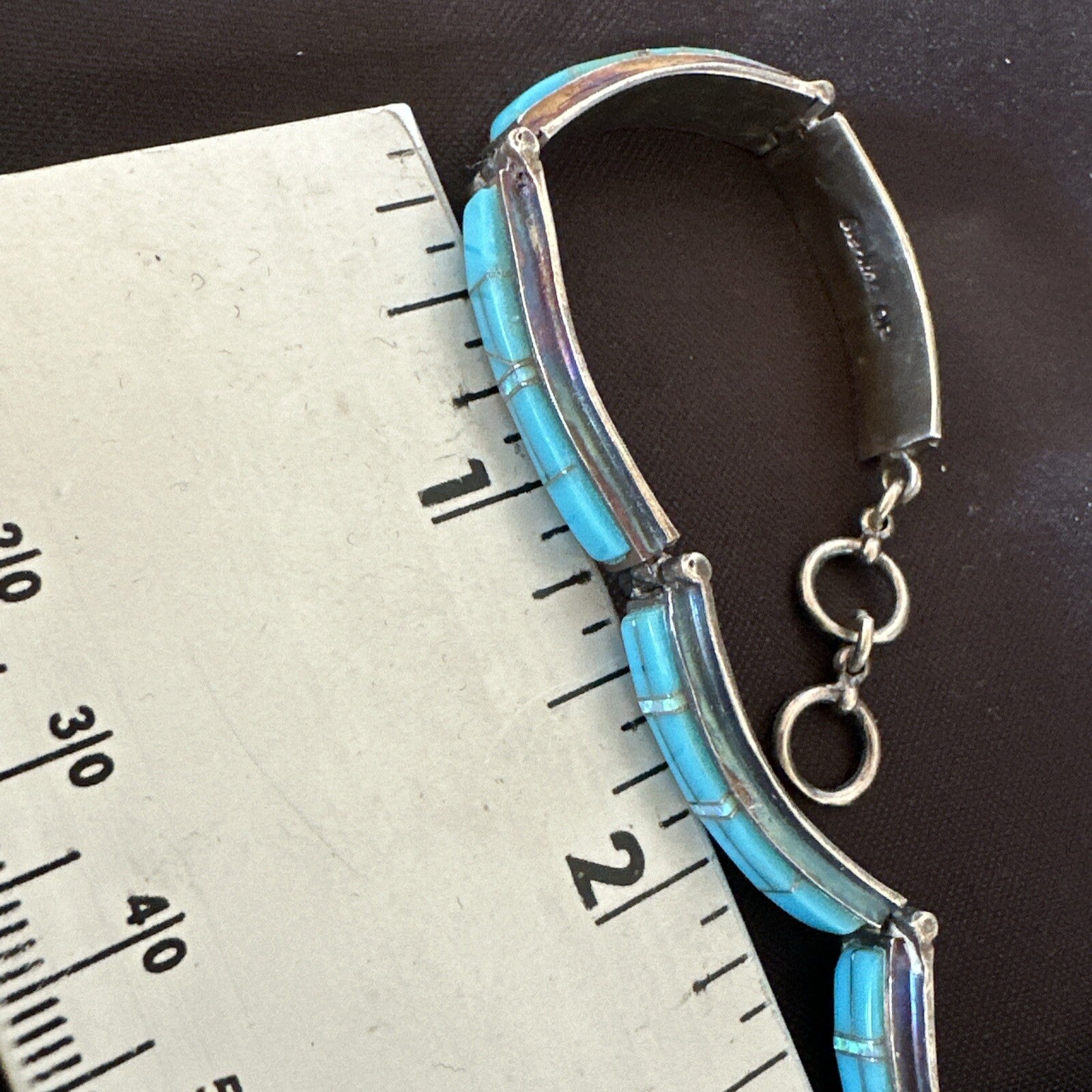 Opal Blue Turquoise Navajo Old Pawn Sterling Silver Inlay Bracelet 7.5" 18126