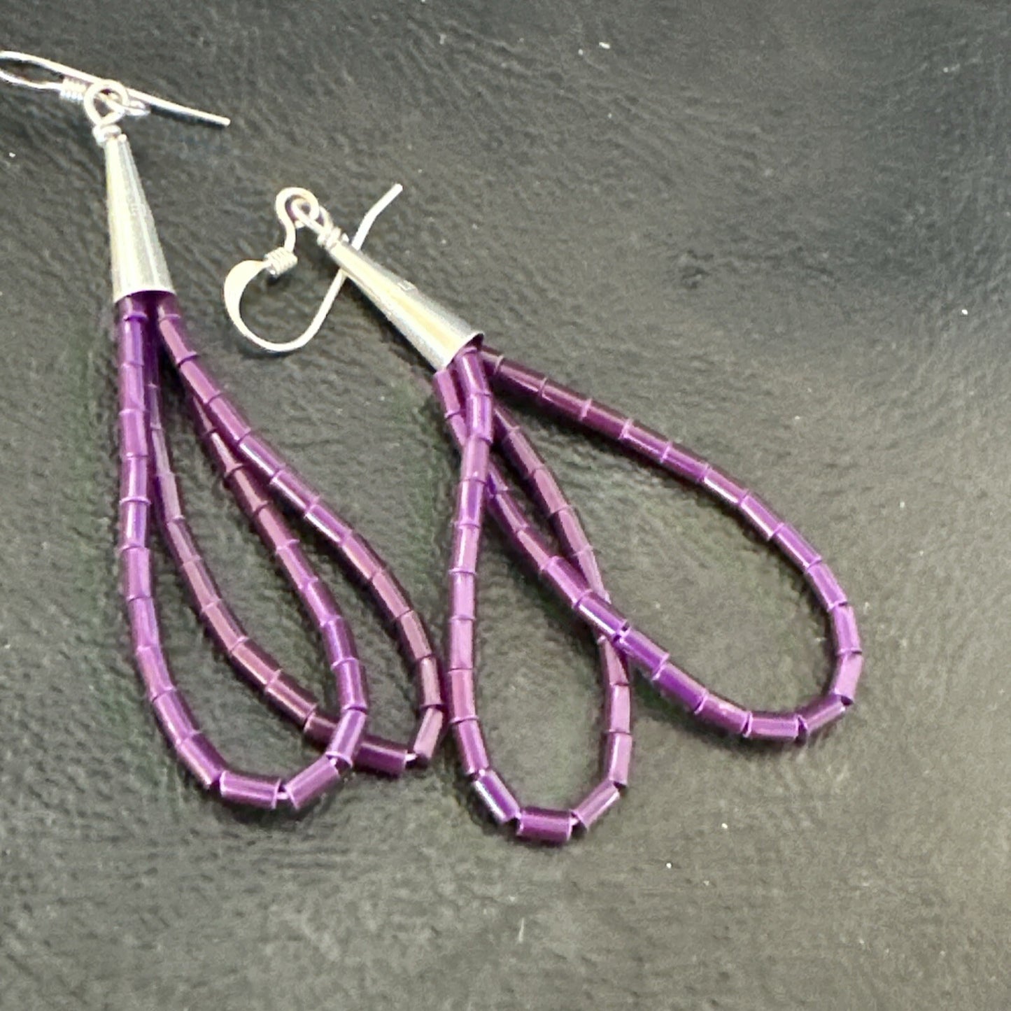 Purple Stone 2 Strands Heishi Sterling Silver Dangle Earrings 17929
