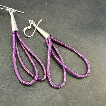 Purple Stone 2 Strands Heishi Sterling Silver Dangle Earrings 17929