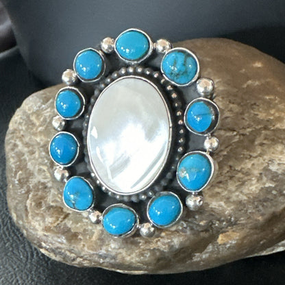 Blue Kingman Turquoise MOP Navajo Sterling Silver Cluster Ring Size 10 18395