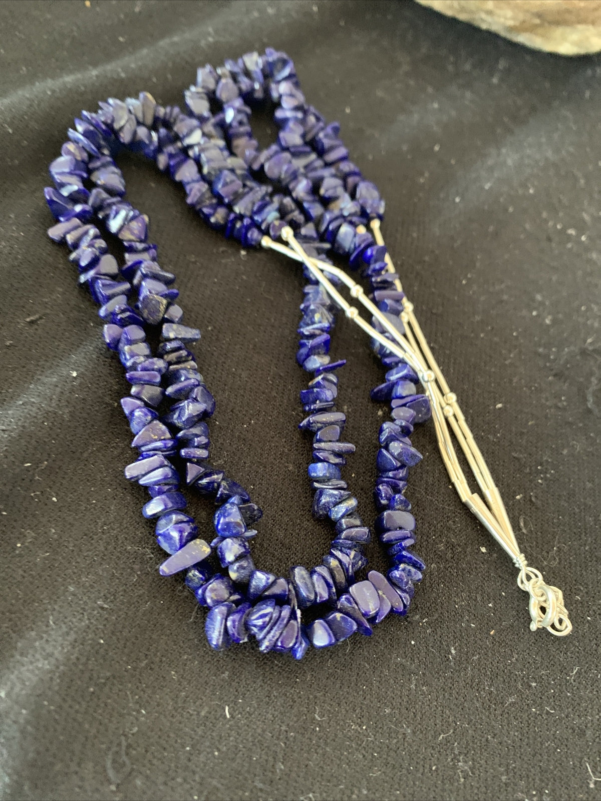 Blue Lapis Bead Liquid Heishi 2 Strands Sterling Silver Tubes Necklace 00853
