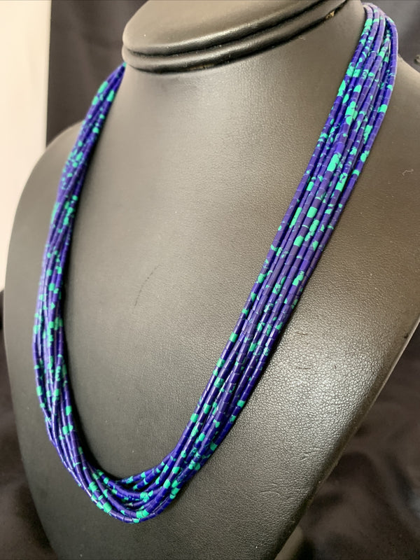 Blue Green Azurite Heishi 10Strand Stabilized Necklace 20" | Sterling Silver | Authentic Native American Handmade | 10349