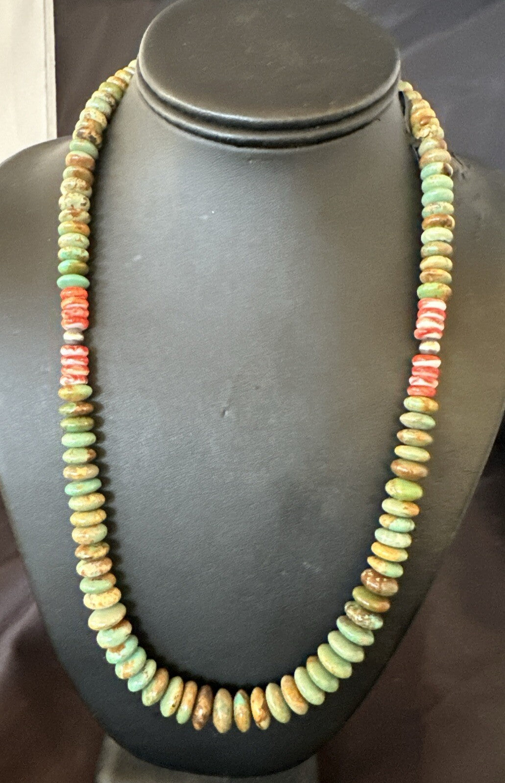 Green Turquoise Red Spiny Oyster Navajo Sterling Silver Necklace 22" 18361