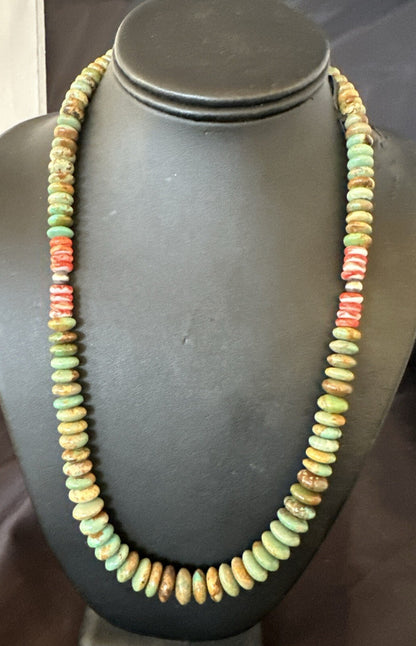 Green Turquoise Red Spiny Oyster Navajo Sterling Silver Necklace 22" 18361