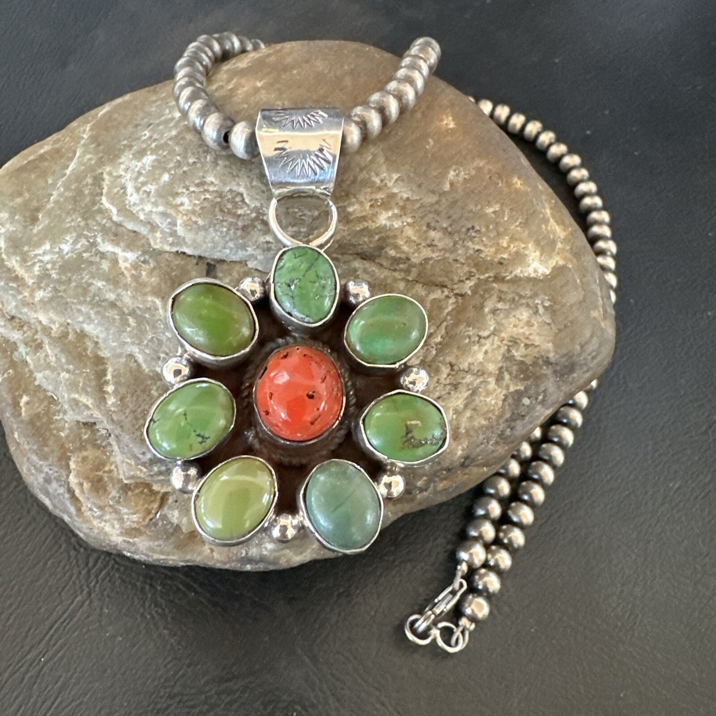 Navajo Sterling Cluster Red Turquoise Pendant Necklace 17711