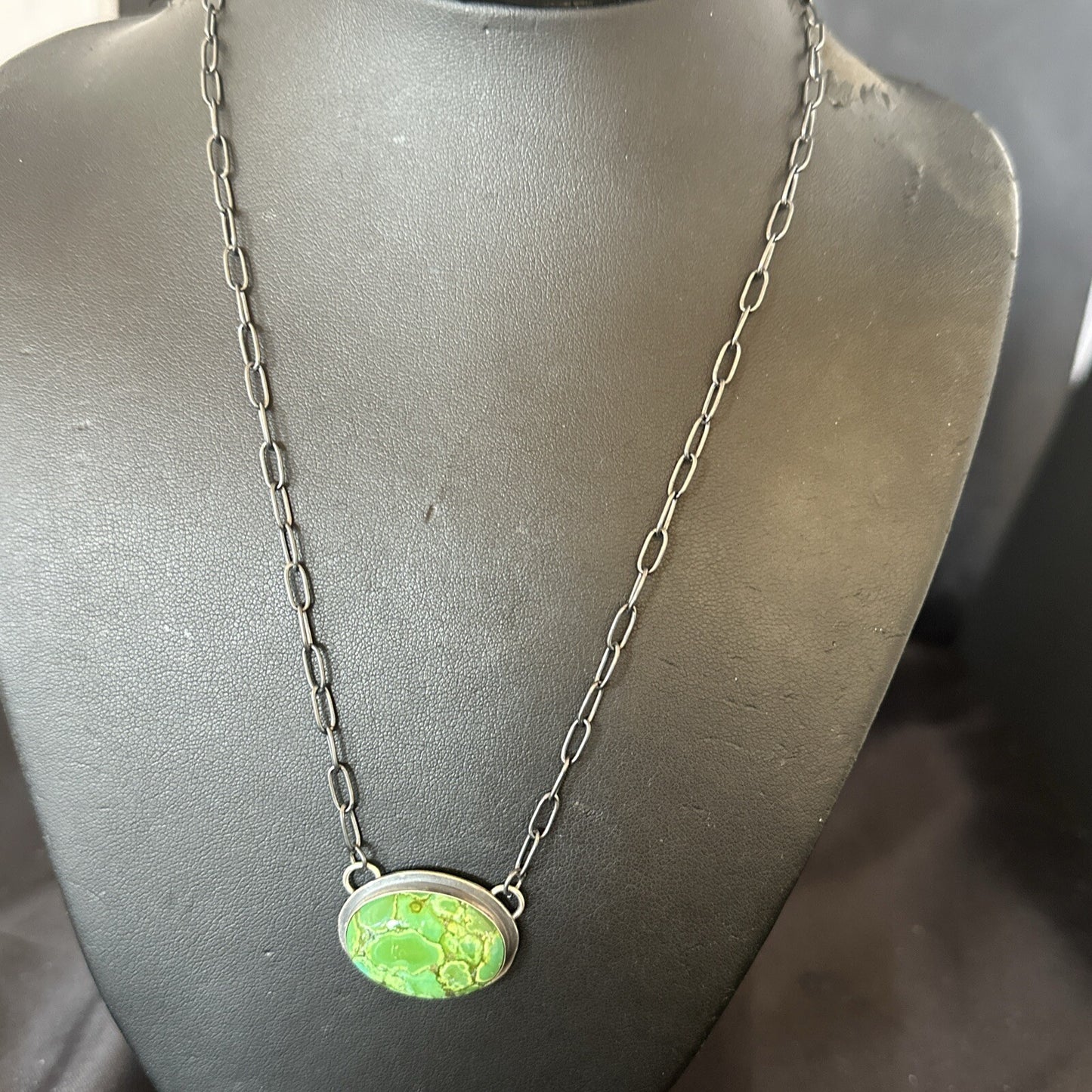 Navajo Sterling Silver Chain Green Turquoise Necklace Pendant 20" 11839
