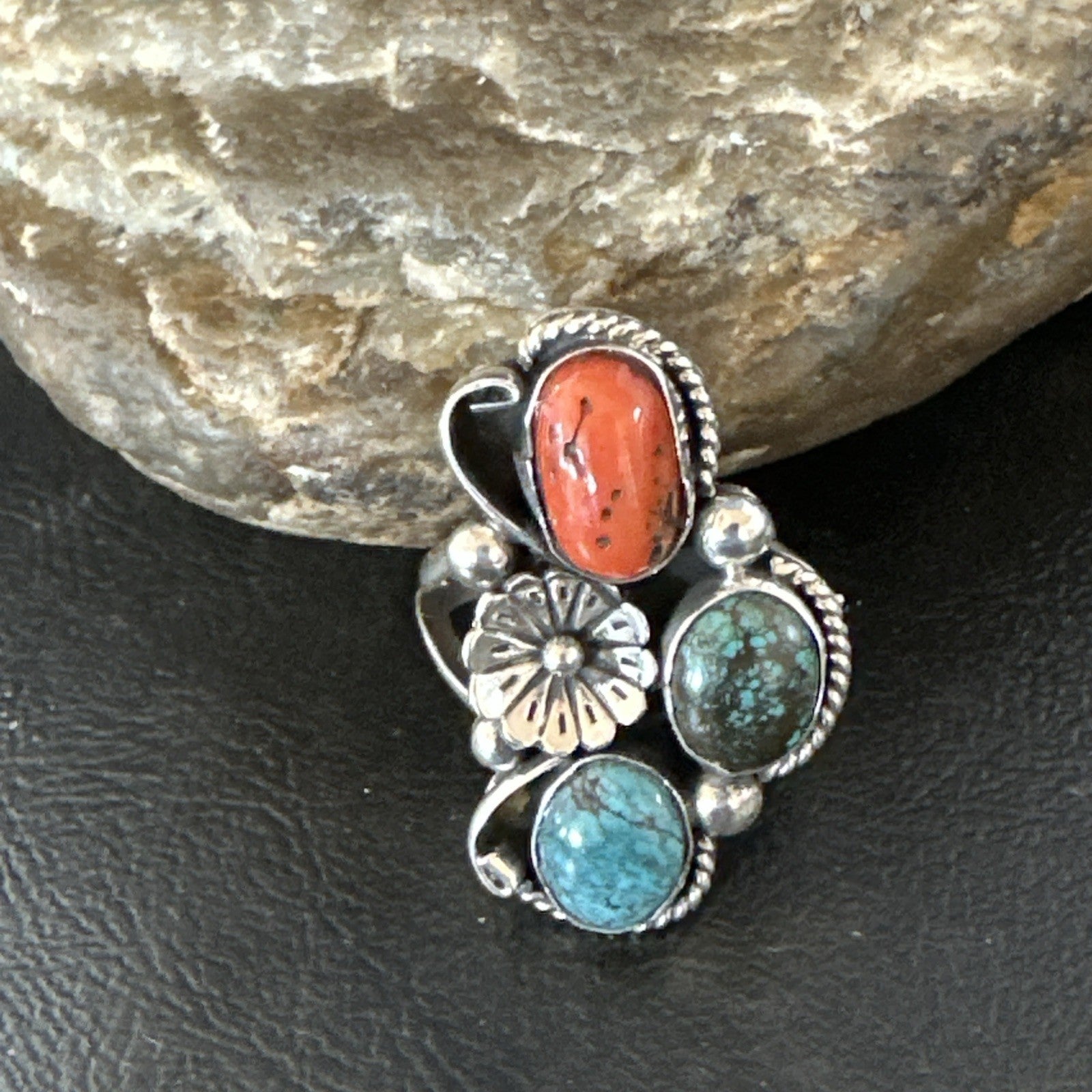 Multicolor Ring Turquoise Coral Spiny Navajo Sterling Silver Cluster Sz 10 19194