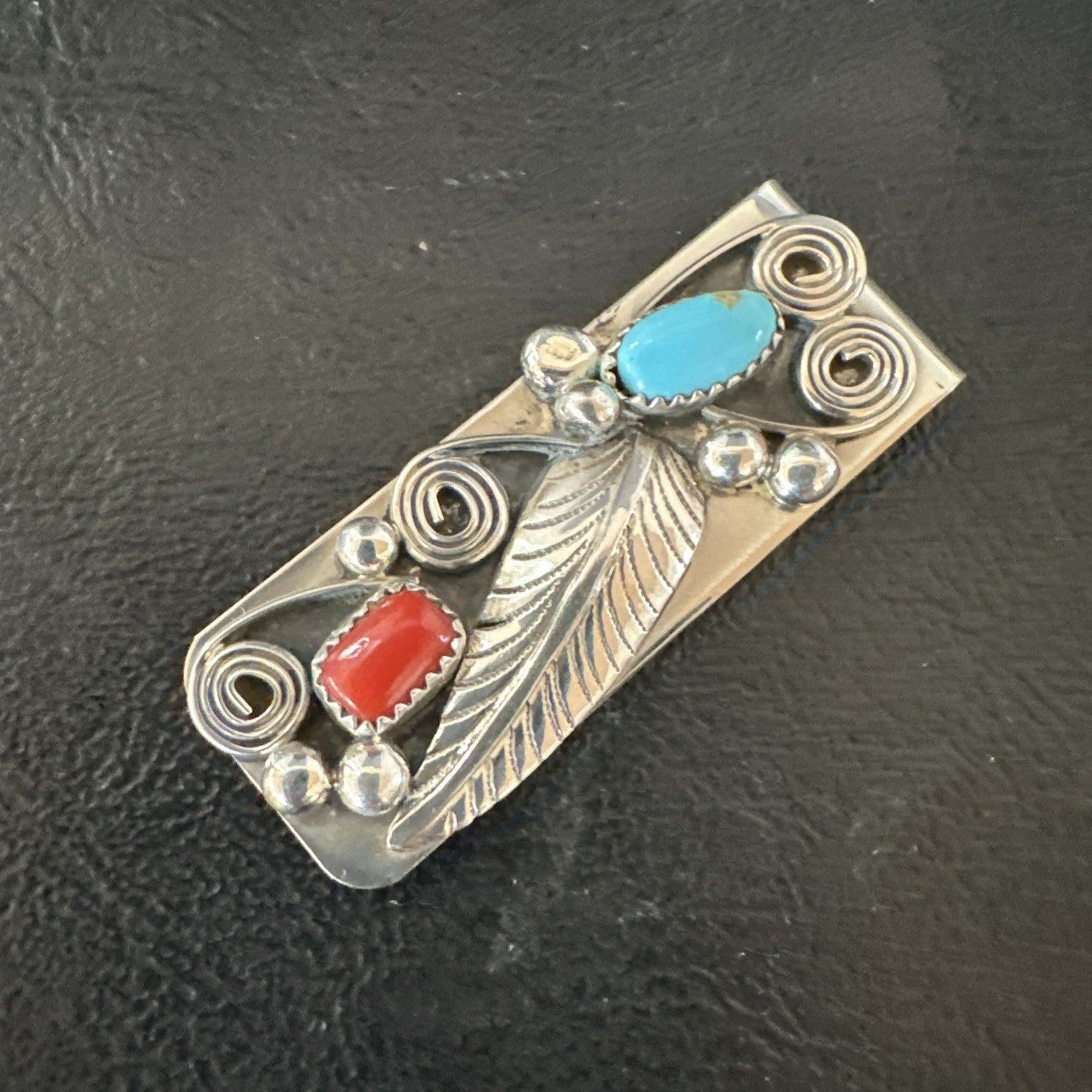 Mens Women Blue Turquoise Coral Navajo Stainless Stamped Silver Money Clip 19735