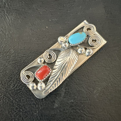 Mens Women Blue Turquoise Coral Navajo Stainless Stamped Silver Money Clip 19735
