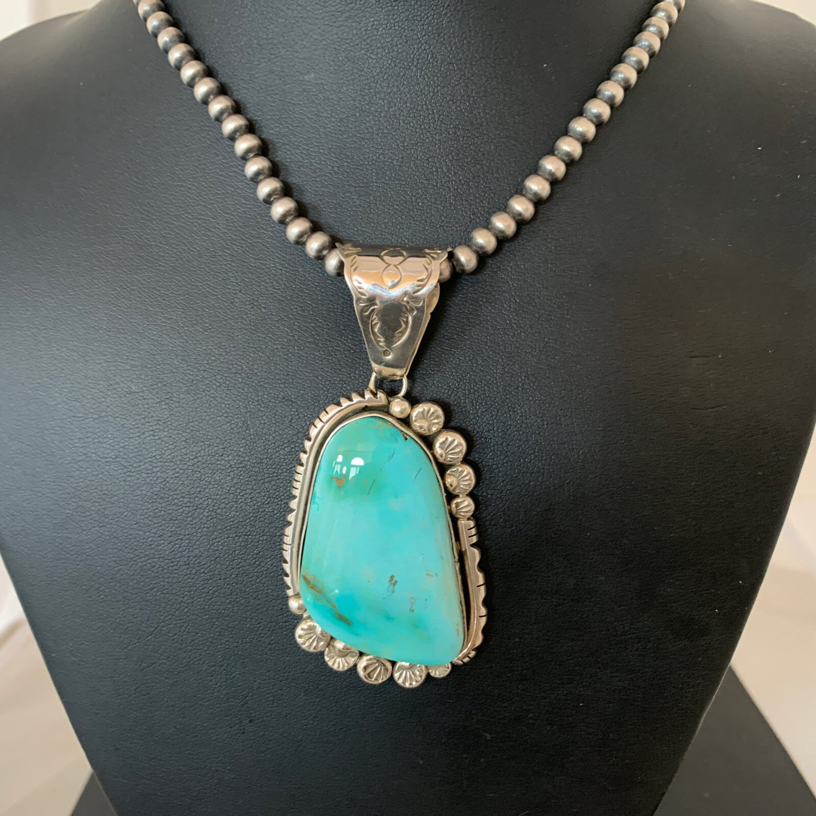 Mens Royston Turquoise Pendant Navajo Pearls Sterling Silver Necklace 02111N