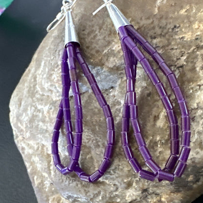 Purple Stone 2 Strands Heishi Sterling Silver Dangle Earrings 17929