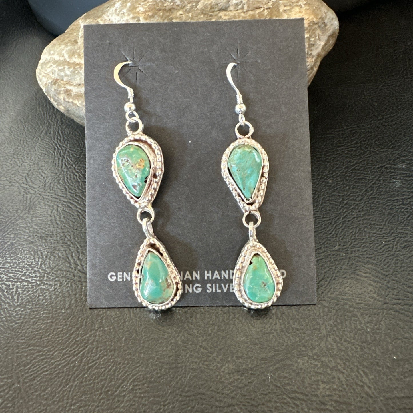 Green Royston Turquoise Navajo Sterling Silver Dangle Earrings 19404