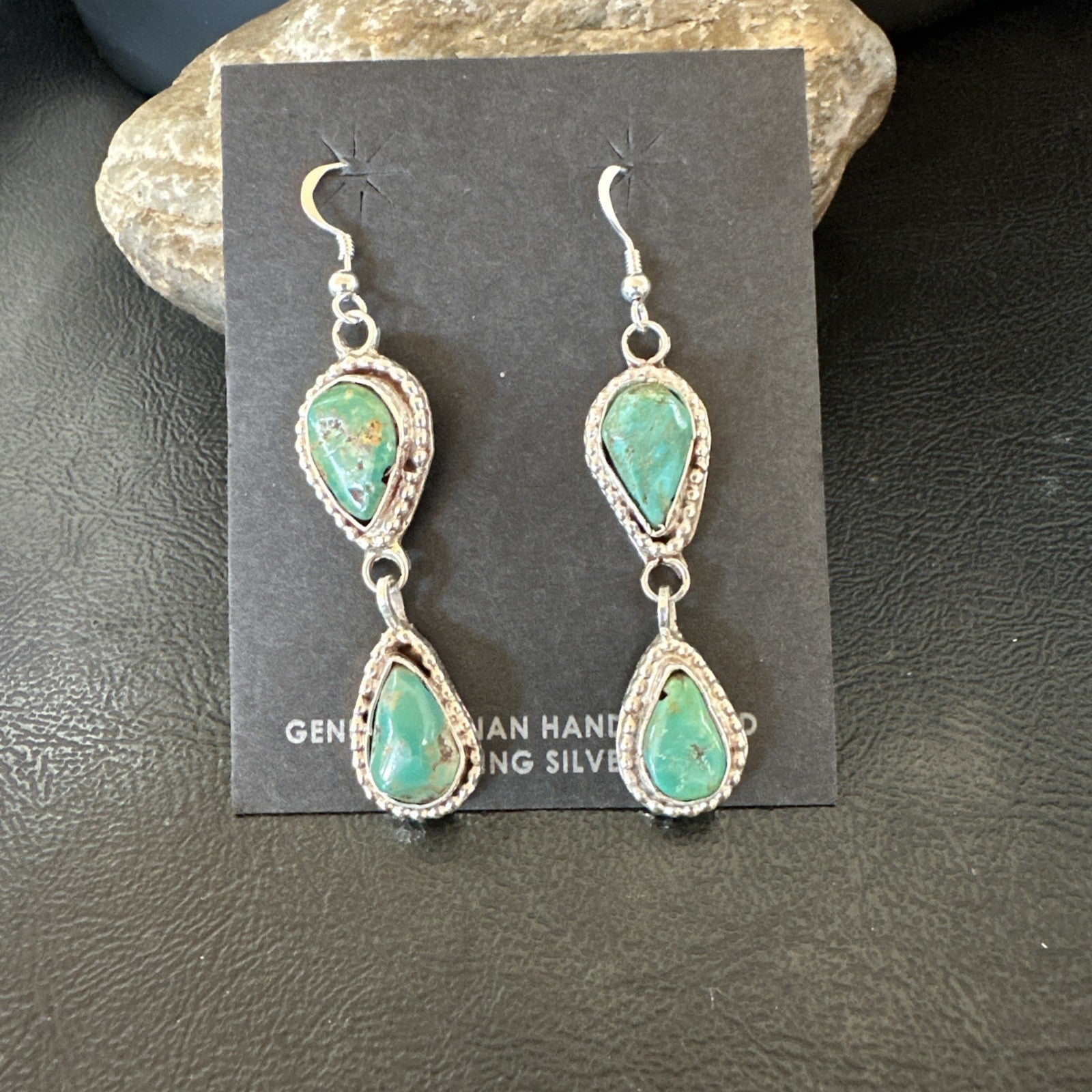 Green Royston Turquoise Navajo Sterling Silver Dangle Earrings 19404