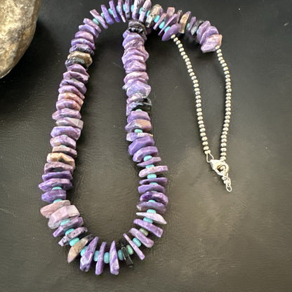 Popular Purple Charoite Blue Turquoise Navajo Sterling Silver Necklace 24” 18055