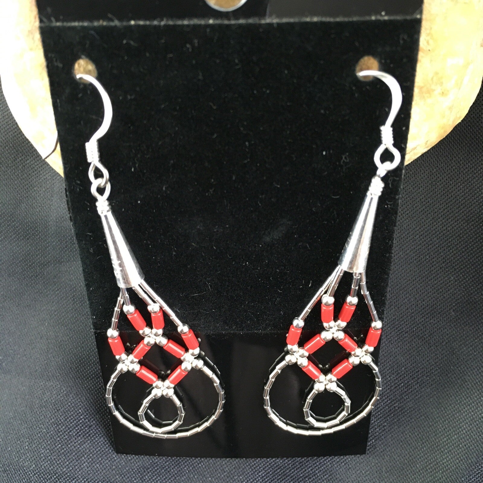 Native Red Coral Tube Heishi Dangle Liquid Sterling Silver Earrings 2" 03104