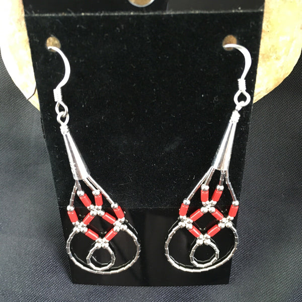 Red Coral Tube Heishi Dangle Liquid Earrings 2" | Sterling Silver | Authentic Native American Handmade | 03104