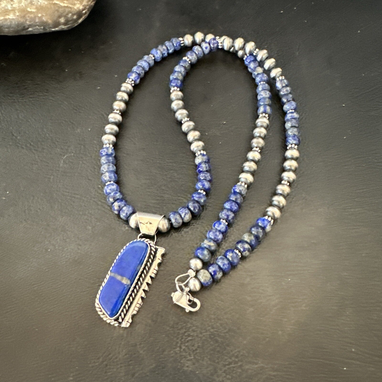 Blue~Lapis~Pendant~Navajo~Pearls~Sterling~Silver~Necklace~ 22”~18742