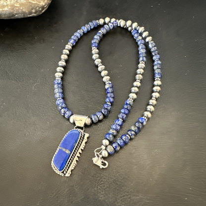 Blue~Lapis~Pendant~Navajo~Pearls~Sterling~Silver~Necklace~ 22”~18742