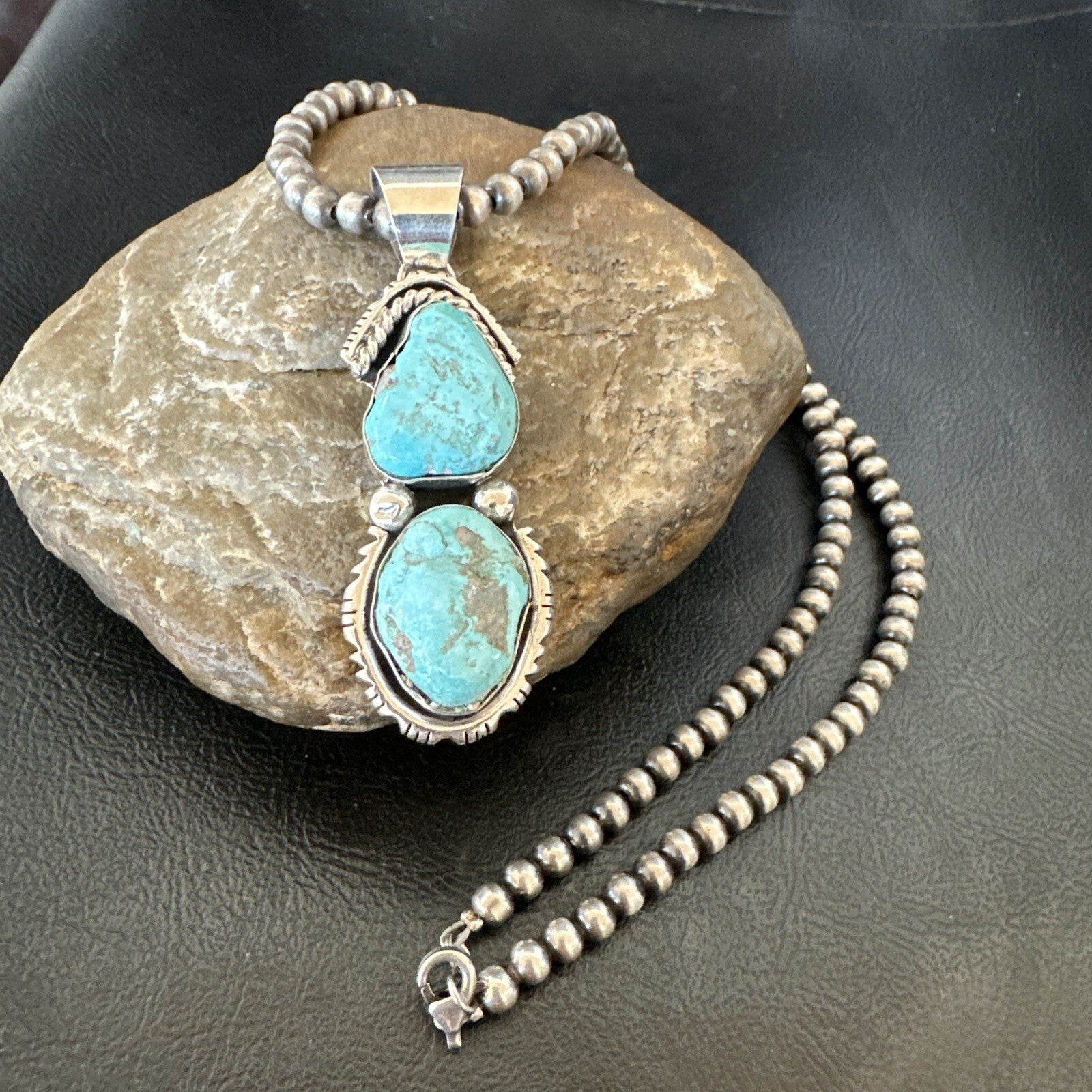 Blue Turquoise 2 Stone Navajo Sterling Silver Cluster Pendant 18308