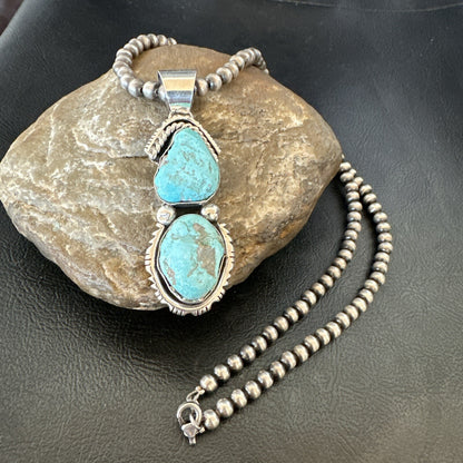 Blue Turquoise 2 Stone Navajo Sterling Silver Cluster Pendant 18308