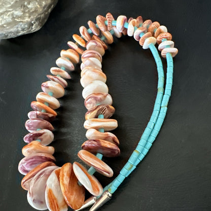 Spiny Oyster Turquoise Heishi Navajo Sterling Silver Necklace 22" 17756