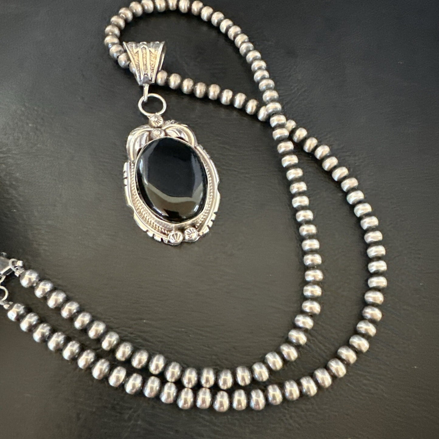Mens Sterling Silver Beads Black Onyx Pendant Necklace 17992