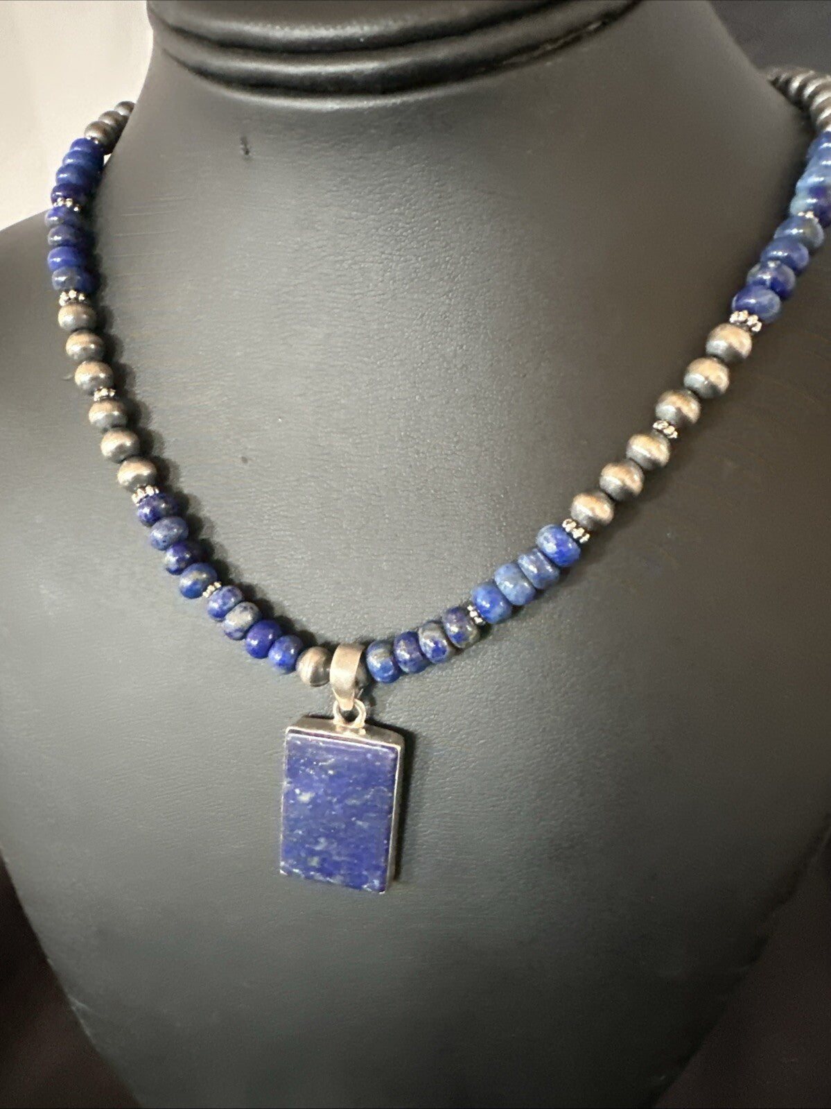 Blue Lapis Pendant Navajo Pearls Sterling Silver Necklace 20” 18688