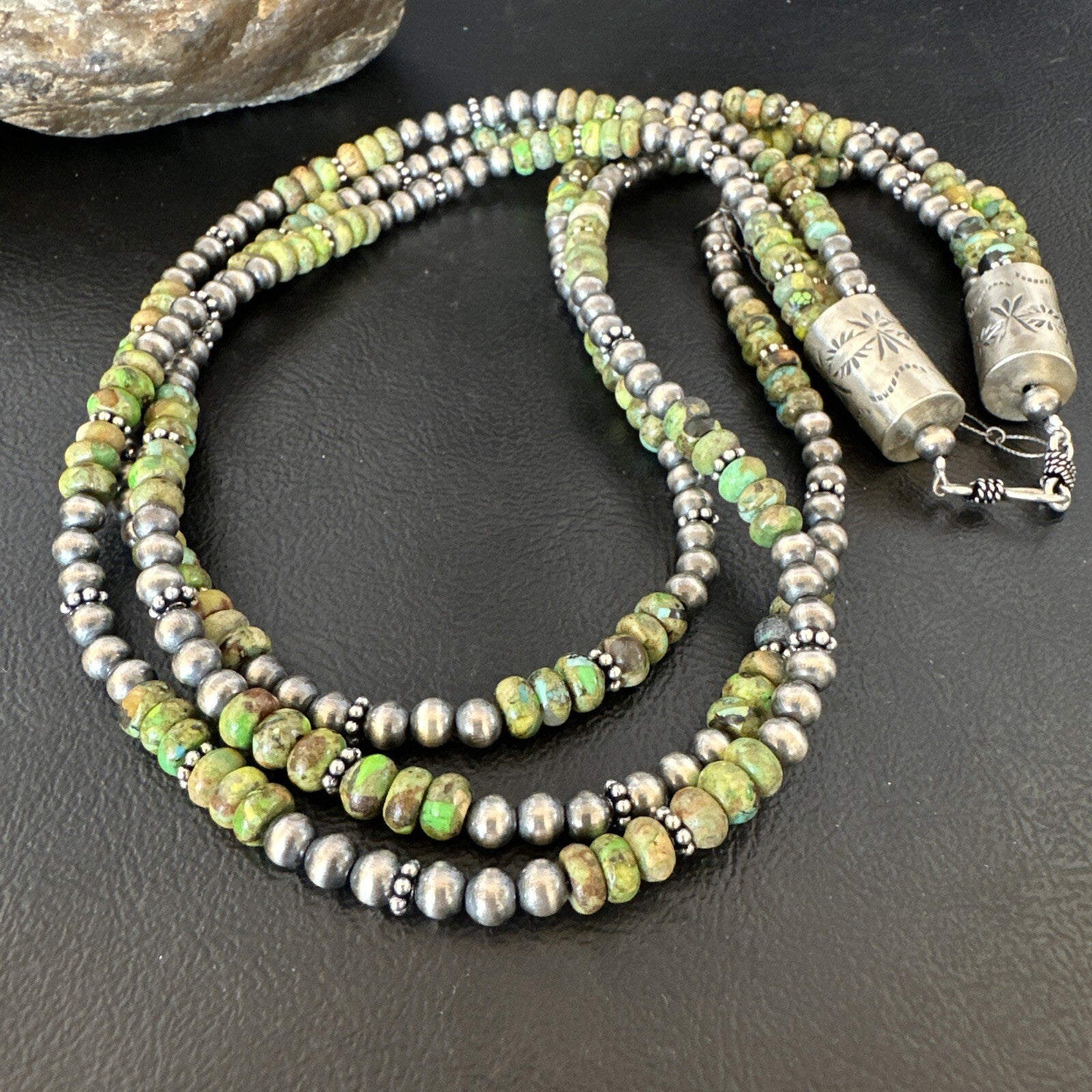 Navajo Pearls Green Gaspeite Turquoise Sterling Necklace 3S 03091