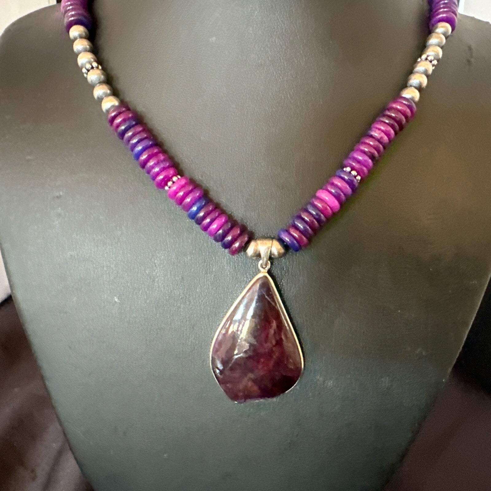 Purple Stone Pendant Navajo Pearls Sterling Silver Necklace 23" 17936