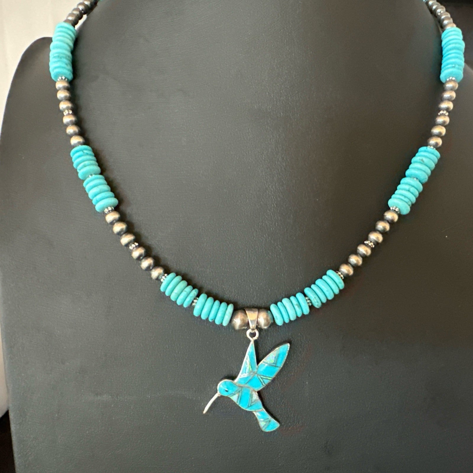 Blue Turquoise Opal HummingBird Inlay Pendant Navajo Sterling Necklace 19500