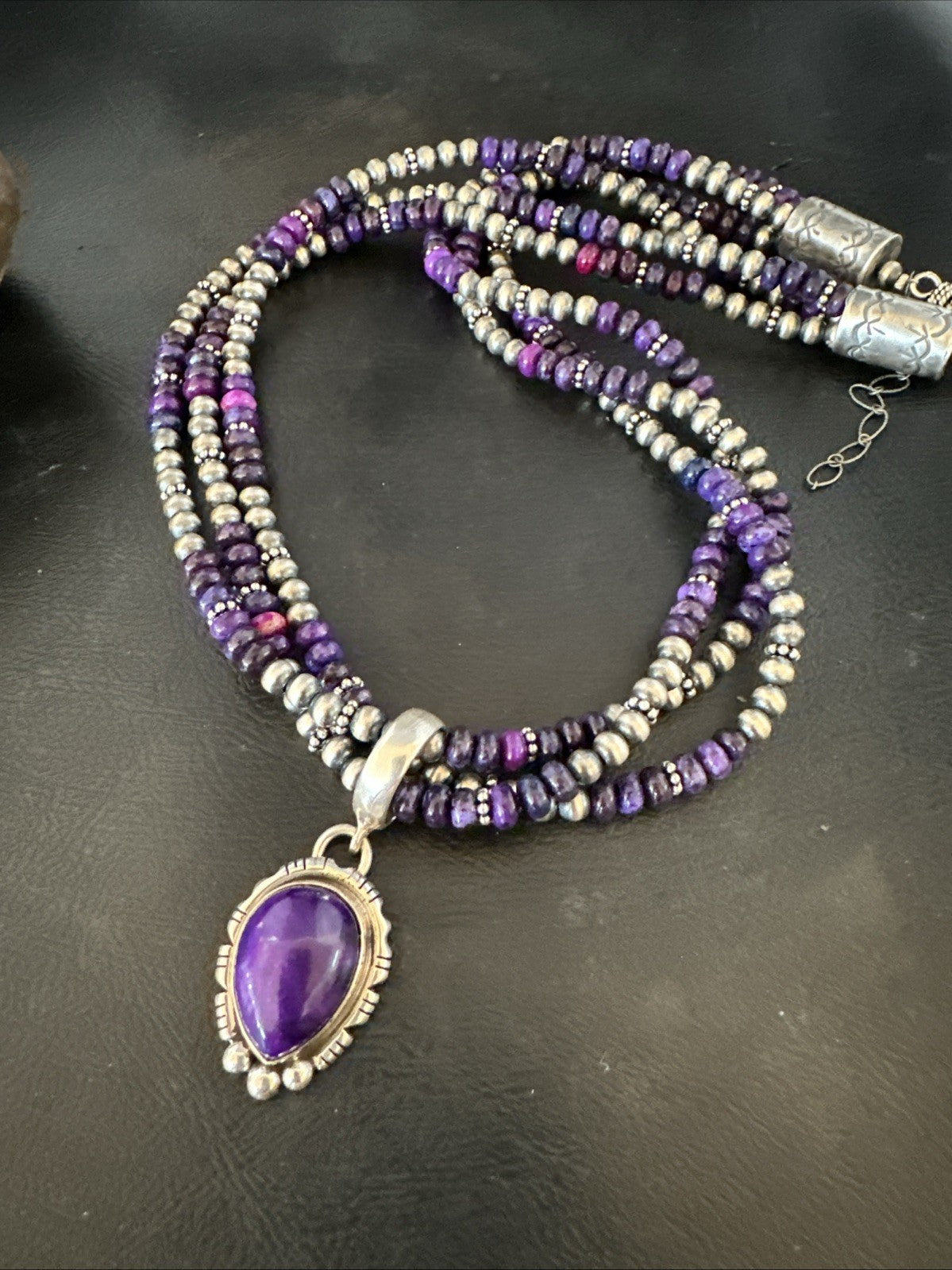 Navajo Sterling Silver 3 Strand Purple Stone Necklace Pendant 22” 19028
